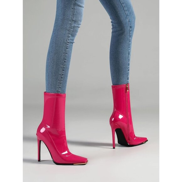 Women's Pink Mid Calf Comfy Square Closed Toe Heel Zipper Short Ankle Boots - Picture 4 of 8